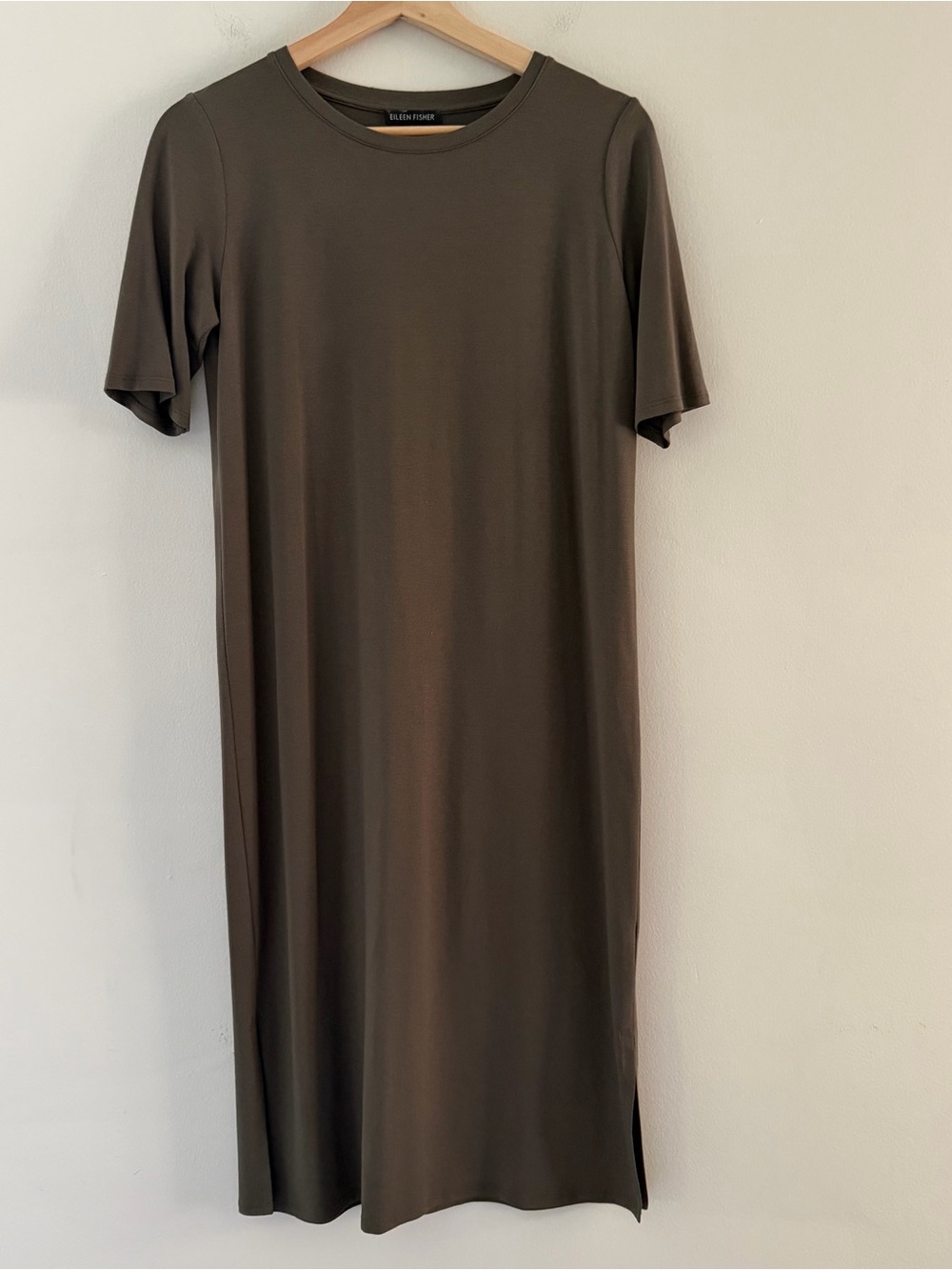 Eileen Fisher Midi Dress Viscose Jersey Short Sleeve Olive Green Size XS